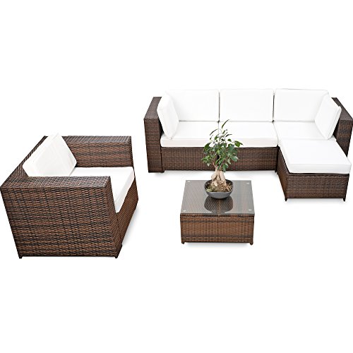 XINRO erweiterbares 18tlg. Eck Lounge Set Polyrattan - braun-Mix - Garnitur Gartenmöbel Sitzgruppe XXXL Lounge Gruppe - inkl. Lounge Sessel + Ecke + Hocker + Tisch + Kissen von XINRO