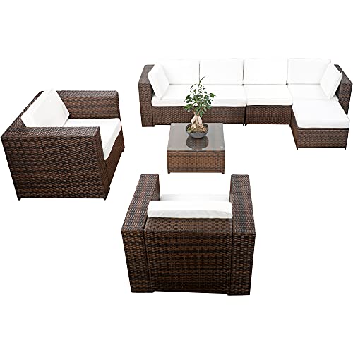 XINRO Balkonmöbel Lounge XXL 24-TLG 5-Sitzer Polyrattan braun-Mix Kissen Weiss von XINRO