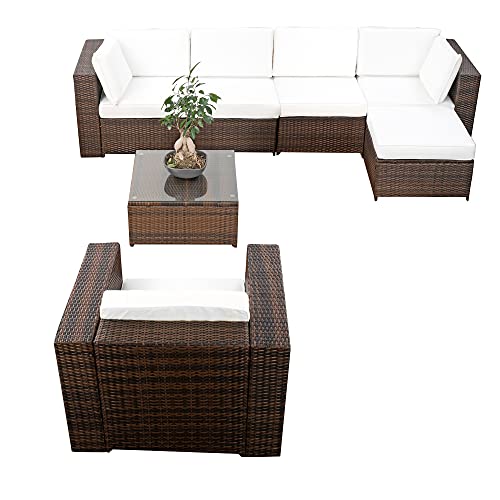 XINRO Lounge Rattan XXL 21-TLG 5-Sitzer Polyrattan braun-Mix Kissen Weiss von XINRO