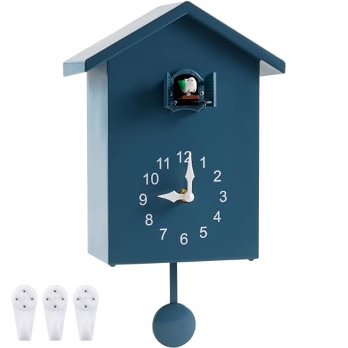 XINRUI Kuckucksuhr aus Kunststoff mit Pendel, Vogelgeräusch, batteriebetrieben, minimalistische Hausform, für Aufhängen für Wohnzimmer, Schlafzimmer, Küche(Blue) von XINRUI