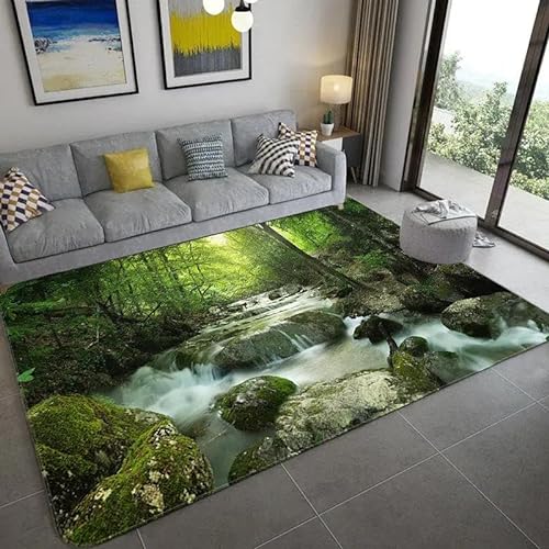 XINRUYI Grüner Wald Wasserfall Landschaft natürliche Landschaft Teppich Wohnzimmer Schlafzimmer Bad rutschfeste Bodenmatte von XINRUYI
