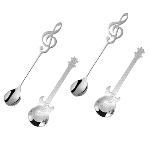 4 Stück Gitarren Löffel Edelstahl Musiknote Kaffeelöffel mit Langer Griff Gitarre Kaffeelöffel Set für Tee Milch Kaffee Dessert von XINTANGXIA