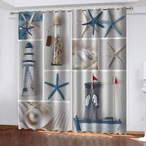 Vorhang Blickdicht Gardinen Für Wohnzimmer Schlafzimmer Kinderzimmer - Verdunkelungsvorhang 3D Seestern-Leuchtturm-Flasche Druck Muster Verdunklungs Vorhänge Mit Ösen 2Er Set Thermogardine 240X230Cm von XINXIA