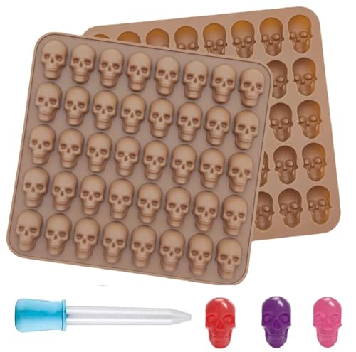 XINYOUZEFA 2 Stück Gummischädel Süßigkeiten Formen Silikon, Totenkopf Schokoladenform Silikon, Schädel Silikonform, 3D Silikonform für Süßigkeiten, für Schokolade, Candy, Gelee(Braun) von XINYOUZEFA