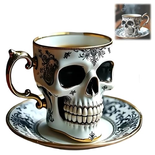 Totenkopf-Kaffeetasse, Halloween-3D-Teetasse und Untertasse, Totenkopf-Teetassen-Set mit Goldrand, gotische Porzellan-Halloween-Dekor-Kaffeetasse, Halloween-Geschenke für Gothic-Liebhaber(#A) von XINYUNXIN