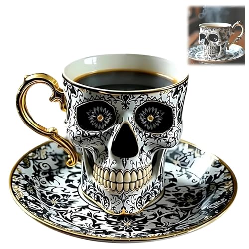 Totenkopf-Kaffeetasse, Halloween-3D-Teetasse und Untertasse, Totenkopf-Teetassen-Set mit Goldrand, gotische Porzellan-Halloween-Dekor-Kaffeetasse, Halloween-Geschenke für Gothic-Liebhaber(#B) von XINYUNXIN