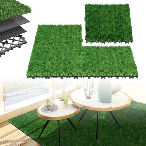 XINZI 33er Set/ 3㎡ Kunstrasen Outdoor 30x30cm, Rasenfliesen Bodenbelag aus PE, 40mm Florhöhe, Rasenteppich mit Drainagefunktion, Grasteppich Kunststoffrasen Kunstrasenteppich Rasen Teppichboden von XINZI