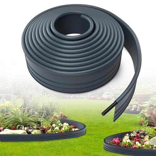 XINZI 6m Flexible Beeteinfassung Rasenkante Kunststoff Beetumrandung mit Runden Oberkante und Verbindern 9.6cm Hoch Gartenumrandung Beetzaun Mähkante Raseneinfassung Palisade Garten Deko, Anthrazit von XINZI