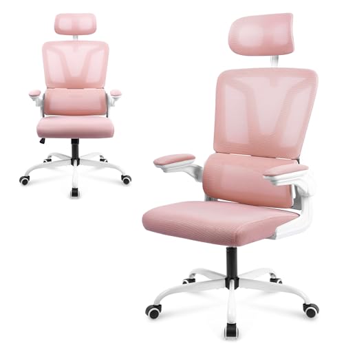 XINZI Bürostühle Ergonomisch Schreibtischstuhl mit Verstellbarer Lendenstütze Kopfstütze & Klappbare Armlehnen Office Chair 360° Drehstuhl 150KG Belastbar Computerstuhl mit Wippfunktion (Rosa) von XINZI