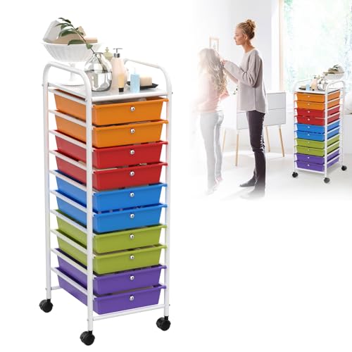 XINZI Rollwagen mit 10 stapelbaren Schubladen, Rollcontainer mit Metallrahmen und Ablagefläche, Mobiler Aufbewahrungswagen für Küche, Büro, Wohnzimmer (96 x 39 x 36 cm) von XINZI