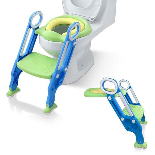 XINZI Toilettensitz Kinder mit Treppe und Griffe Toilettenaufsatz für Kinder ab 2 Jahre Toilettentrainer Klappbar Potty Training Toilet mit PU-Kissen Höhenverstellbar Kindertoilette (Blau+Grün) von XINZI