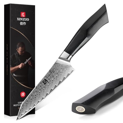 XINZUO 12.8cm Küchen Universalmesser Damaststahl, Multifunktions Scharfe Schälmesser Koch, Obst- und Gemüsemesser Geschmiedet Allzweckmesser, Schwarzer G10 Ergonomischer Griff -Feng Serie von XINZUO