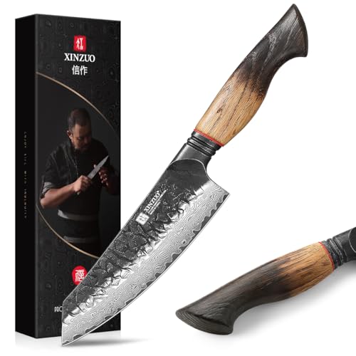 XINZUO 14,5cm Santokumesser Damaststahl 10Cr15CoMoV Stahlkern -Profi Chefmesser Damaszener Stahl Küchenmesser Scharfe Klinge -für Fleisch, Fisch, Obst und Gemüse -Griff aus Weißeiche von XINZUO