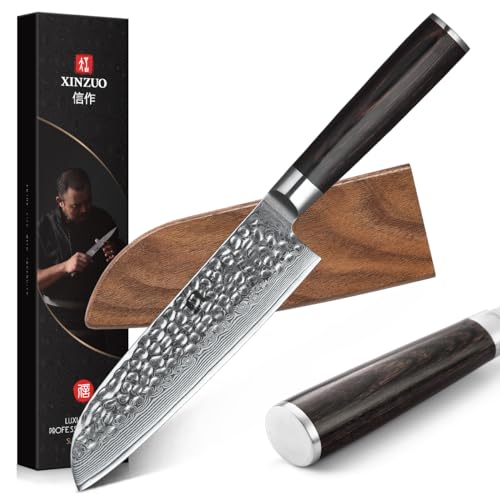 XINZUO 17.6cm Damaskus Santokumesser, Profi Damastmesser Kochmesser 67 Schichten Damaststahl Chefmesser, Scharfe Klinge Küchenmesser- ergonomischer Pakkaholz Griff -mit Walnussholz Magnetscheide von XINZUO