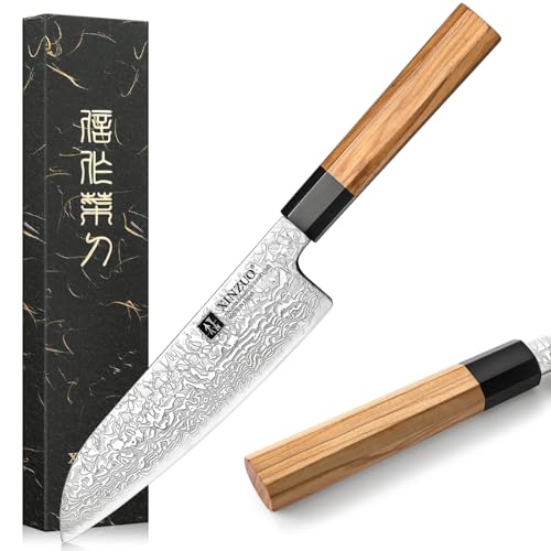 XINZUO 18,5cm Santokumesser, 67 Schichten Damaststahl Küchenmesser Multifunktions Damastmesser Profi scharfes Kochmesser Fleischmesser-Handgefertigter achteckiger Griff aus Olivenholz -Zhen Serie von XINZUO