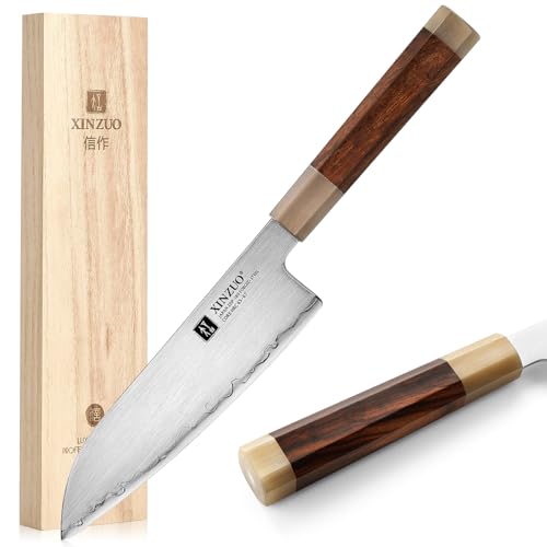 XINZUO 18.3cm Japanisches Santokumesser, Profi Küchenmesser Japanisches ZDP-189-Pulverstahl Chefmesser, 3 Schichten Verbundstahl Kochmesser -Nordamerika Desert Iron Wood Griff -mit Geschenkbox von XINZUO