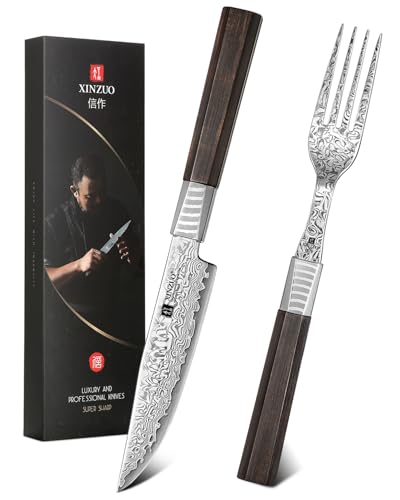 XINZUO 2-Teilig Steakbesteck Set,67 Schichten Damaststahl Steakmesser und Steakgabeln, Hochwertige Tafelmesser, Essbesteck Set mit Messer und Gabel, Ebenholz-Griff, für Pizza/Steak, mit Geschenkbox XINZUO 2-Teilig Steakbesteck Set,67 Schichten Damaststahl Steakmesser und Steakgabeln, Hochwertige Tafelmesser, Essbesteck Set mit Messer und Gabel, Ebenholz-Griff, für Pizza/Steak, mit Geschenkbox von XINZUO