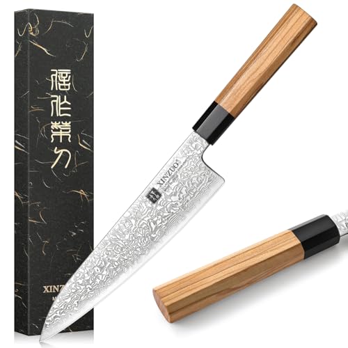 XINZUO 21,5cm Damaststahl Kochmesser, japanischen Stil Chefmesser Profi Küchenmesser, Handgeschmiedet Damastmesser zum Schneiden von Fleisch und Gemüse-Olivenholz und schwarzer Büffelhorngriff von XINZUO