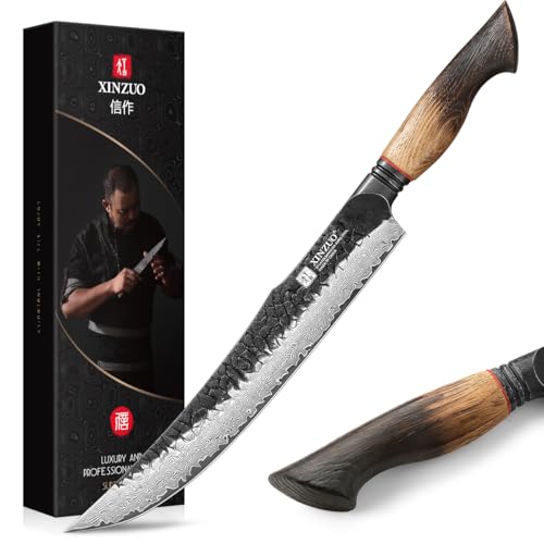 XINZUO 25,5cm Tranchiermesser Damaststahl Fleischmesser -Multifunktions Kochmesser Professionelles Scharf Geschmiedet Küchen Chefmesser Grillbesteckmesser -Griff aus Weißeiche -Exquisite Geschenkbox von XINZUO
