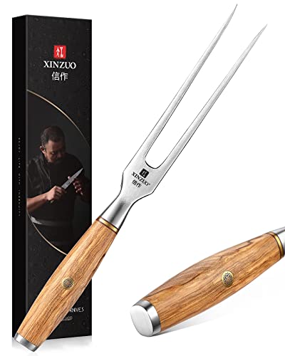 XINZUO 29.7cm Fleischgabel Tranchiergabel 430 Edelstahl, Serviergabel Steakgabel professioneller multifunktionales Grillgabel Bratengabel Kochgabel -mit Olivenholz Griff -exquisite Geschenkbox von XINZUO