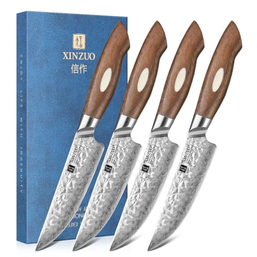 XINZUO 4-Teilig Steakmesser Set, 67 Schichten Damaststahl 13.1cm Besteckmesser, Japanischer AUS-10 Stahl Hochwertige Tafelmesser Küchenmesser -Schwarz Walnuss Holzgriff -mit Schöner Geschenkbox von XINZUO