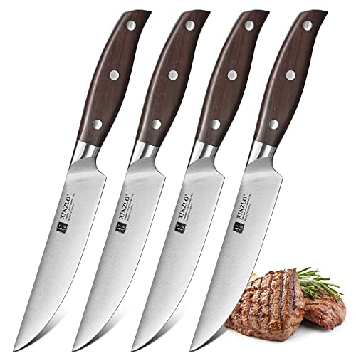 XINZUO 4-teilig Steakmesser Set Deutschem 1.4116 Edelstah, 12.7cm Steakbesteck Besteckmesser Set, Tafelmesser für Heim und Restaurant, Scharf Küchenmesser für 4 Personen-Red Sandalwood Griff von XINZUO
