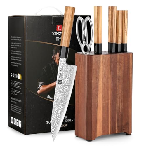 XINZUO 67 Schichten Damaststahl 7-Teilig Messerblock Sets, Profi Küche Kochmesser Set-Handgefertigter achteckiger Griff aus Olivenholz -mit Akazienholz Messerblock und Multifunktions Küchenschere von XINZUO