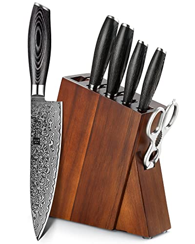 XINZUO Damaststahl Küchenmesser Set 7er -67 Schichten Damaststahl Chefmesser 7 Teilig Messerblock Sets -10Cr15CoMoV Stahlkern Scharf Profi Küchen Kochmesser Set -Ergonomischer Pakkaholz Griff von XINZUO