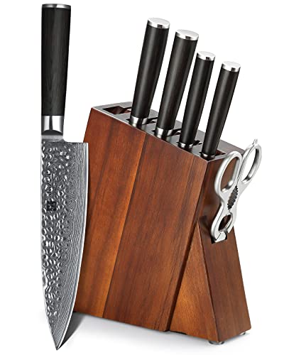 XINZUO 7-Teilig Damaststahl Messerset mit Akazienholz Block,Multifunktions Küchenschere, Profi Scharf Kochmesser Hochwertige geschmiedet Küchenmesser Chefmesser,mit Pakkawood Griff-He-Serie von XINZUO