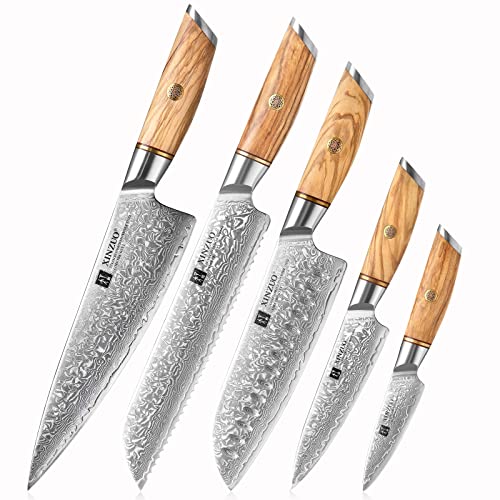 XINZUO 73 Schichten Damastpulverstahl 5-Teilig Chefmesser Set,handgeschmiedet scharfe Kochmesser Set Pulverstahlkern Küchenmesser Set-Chef Santoku Brot Allzweck Obst Messer-Olivenholz Griff von XINZUO