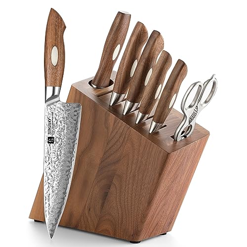 XINZUO AUS-10 Damaststahl 8-Teilig Messerblock Sets -Profi Damast Küche Kochmesser Set -Schwarz Walnuss Holzgriff -mit Messerblock Multifunktionale Küchenschere und Diamant Wetzstahl von XINZUO