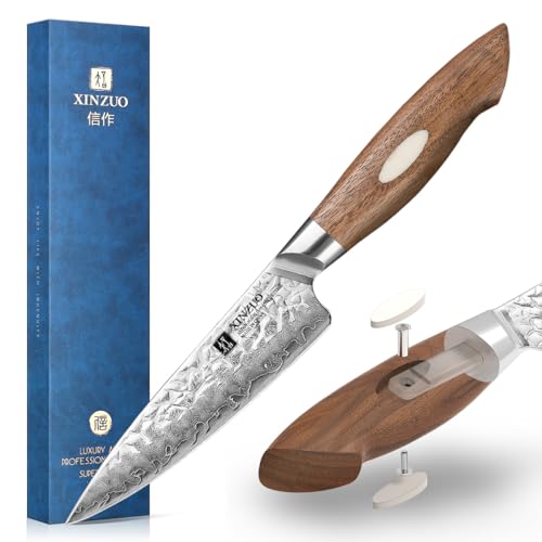 XINZUO AUS-10 Japanisches Stahl 13cm Universalmesser, Damaststahl Allzweckmesser Hammerschlagoberfläche Obstmesser Küchen, Multifunktions Schälmesser Koch Gemüsemesser -Schwarz Walnuss Holzgriff von XINZUO