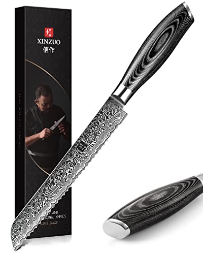 XINZUO 20cm Damaststahl Brotmesser-scharfes und haltbares gezacktes Messer Profi Küchenmesser-Ergonomischer Pakkaholz Griff mit Geschenkbox-geeignet für alle Arten von Brot und Kuchen von XINZUO