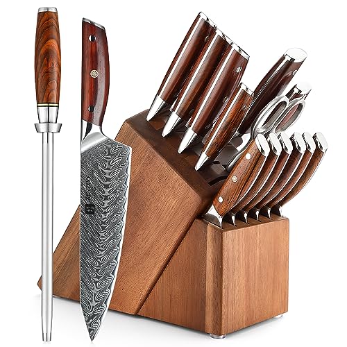 XINZUO Damaskus Küchenmesser Set 15er mit Akazienholz Messerblock, 67 Schichten Damaststahl Scharf profi Kochmesser Set -Multifunktionale Küchenschere und Wetzstahl -Rosewood Griff von XINZUO