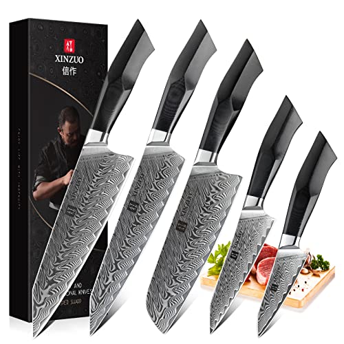 XINZUO Damaskus Stahl 5-teiliges Küchenmesserset,Profi japanisches Stil Messer,scharfes Kohlenstoffreicher Stahl Chef Santoku Tranchiermesser Obst Universalmesser,G10 schwarz Griff von XINZUO