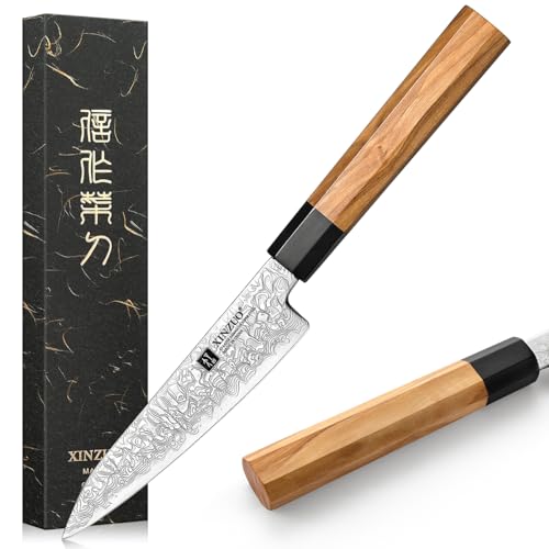 XINZUO Damaststahl 13,5cm Universalmesser, Multifunktions Küchen Allzweckmesser Handgeschmiedet Obstmesser 10Cr15CoMoV Stahlkern Damaskusmesser-Handgefertigter achteckiger Griff aus Olivenholz von XINZUO