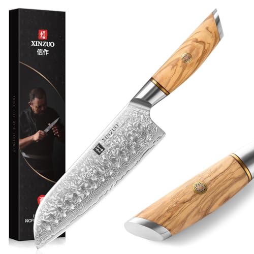 XINZUO Damaststahl 18.2cm Santokumesser, scharf Kochmesser 73 Schichten Damastpulverstahl profi Küchenmesser Chefmesser-mit ergonomischer Olivenholz Griff -Lan Series von XINZUO