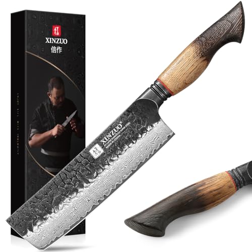 XINZUO Damaststahl 18cm Nakirimesser Hammerfinish Küchenmesser -Scharfe Klinge Profi Geschmiedet Kochmesser Chefmesser -Schnellschnitte für Fleisch, Fisch, Obst und Gemüse -Griff aus Weißeiche von XINZUO