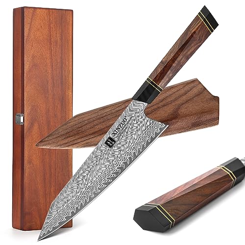 XINZUO Damaststahl 21.5cm Kochmesser, handgeschmiedetes Kiritsuke Chefmesser Profi japanisches Küchenmesser-Wüsten-Eisenholzgriff mit Magnetscheide und Akazienholzkiste von XINZUO