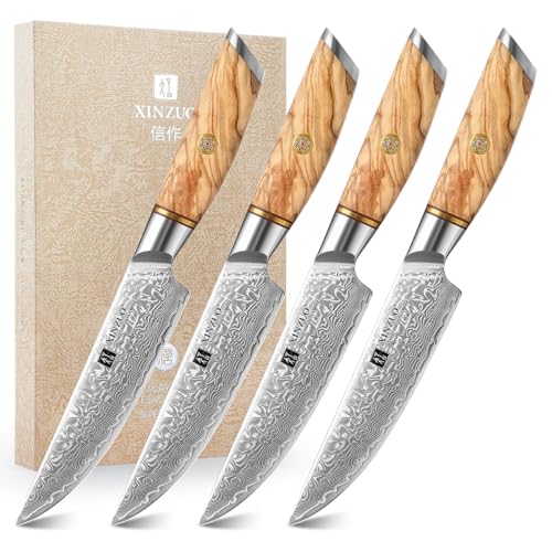 XINZUO Damaststahl 4-Teilig Steakmesser Set, 13.1cm Besteckmesser, für 4 Personen, Damastpulverstahl Hochwertige Tafelmesser Scharf Küchenmesser -Olivenholz Griff -mit Schöner Geschenkbox von XINZUO