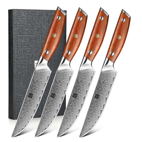 XINZUO Damaststahl 4-teilig Steakmesser Set,12.7cm Premium Besteckmesser Set Scharfe Steakbesteck Küchenmesser, Tafelmesser für Heim und Restaurant, mit Geschenkbox-Roseholz Griff-Yi Serie von XINZUO