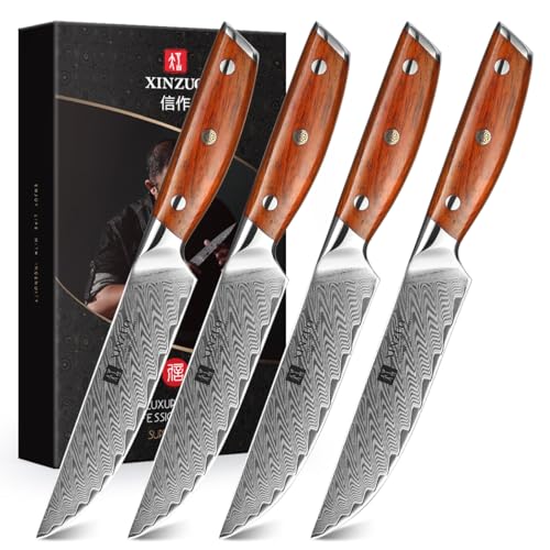 XINZUO Damaststahl 4-teilig Steakmesser Set,12.7cm Premium Besteckmesser Set Scharfe Steakbesteck Küchenmesser, Tafelmesser für Heim und Restaurant, mit Geschenkbox-Roseholz Griff-Yi Serie von XINZUO