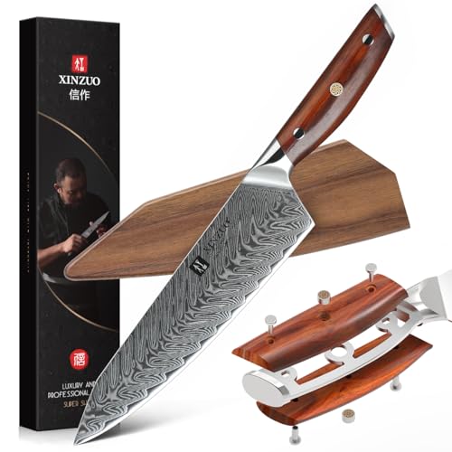 XINZUO Damaststahl Kochmesser,21cm Kiritsuke Chefmesser Profi geschmiedet Kochmesser,Scharfe Klinge Gyuto Küchenmesser-ergonomischer Rosenholz Griff-mit Walnussholz Magnetscheide von XINZUO