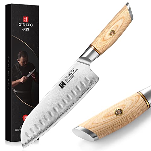 XINZUO Edelstahl 18.2cm Santokumesser, 3 Schichten Verbundstahl 10Cr15CoMoV Kochmesser, Profi Chefmesser Küchenmesser Scharfe Klinge -Japanischen Stil Pakkaholz Griff von XINZUO