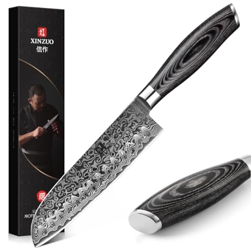 XINZUO 17,8cm Damaststahl Santokumesser, Profi Damastmesser Kochmesser Damaskus Chefmesser, Scharfe Klinge 67 Schichten Damaststahl Küchenmesser- Ergonomischer Pakkaholz Griff von XINZUO