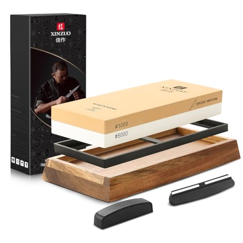 XINZUO Schleifstein Beidseitig mit 1000/5000-Körnung Wetzstein, Profi Whetstone Set, Messerschärfer 2-in-1 Abziehstein mit Akazienholz Rutschfester Unterlage, Diamant Flachstein, Winkelführung von XINZUO