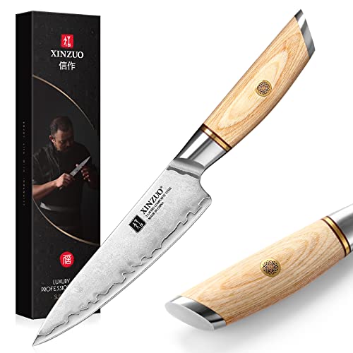 XIZNUO 13cm Allzweckmesser Verbundstahl Universalmesser, 3 Schichten Verbundstahl 10Cr15CoMoV Stahlkern Obstmesser Scharfe Schälmesser, Profi Edelstahl Küchen Chefmesser -mit Pakkaholz Griff von XINZUO