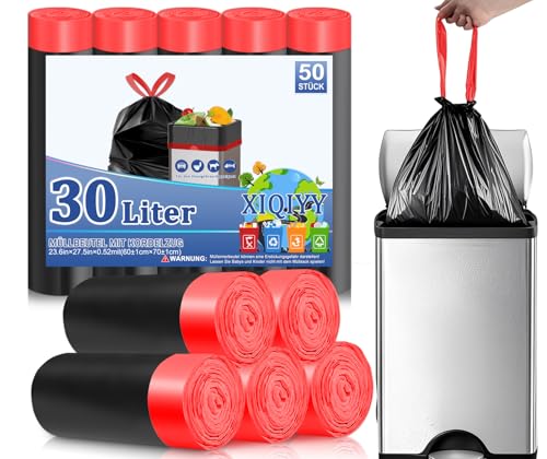 XIQIYY Schwarz Müllbeutel 30L mit Zugband Reißfest Mülltüten 25L Abfallbeutel,50 Stück Müllsäcke von XIQIYY