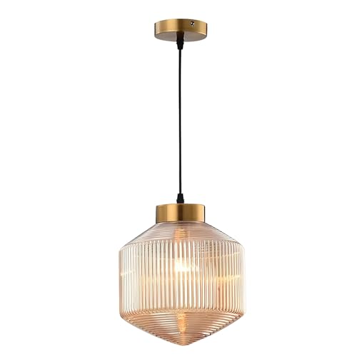 XIRYTU-H 9.8''*11.8'' Glas Pendelleuchte, Messing Basis Hängelampe Dekorierte Streifen Deckenleuchte für Insel (Bernstein) von XIRYTU-H