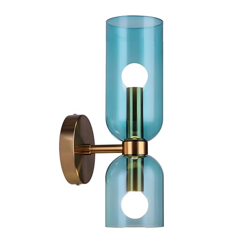 XIRYTU-H Moderne 2-Flammige Wandleuchte Gold, Elegante Glass Wandlampe, E14 Innenbeleuchtung für Schlafzimmer, Bad & Wohnzimmer (Blau) von XIRYTU-H